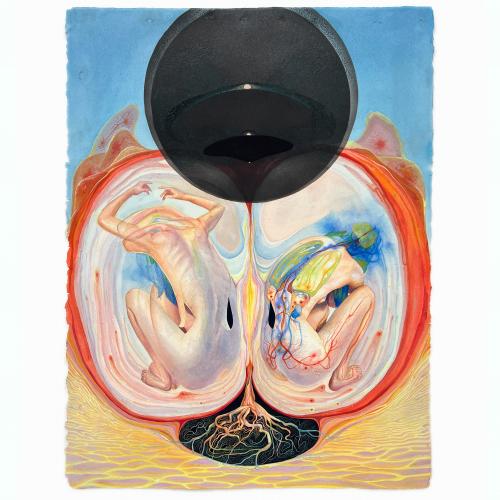 A painting of two bodies, enveloped in the halves of a split apple.